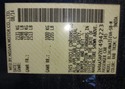 2014 Nissan Maxima 3.5 Sv from USA, damaged, VIN 1N4AA5AP2EC494223